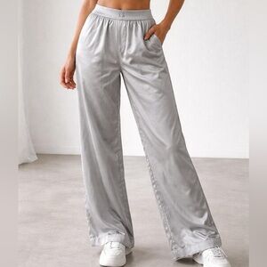 Victoria’s Secret Silver Gray Satin Wide Leg Workout Pants Small Y2K Athleisure